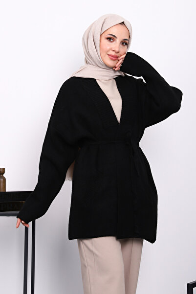 İmajButik Μαύρη πλεκτή ζακέτα με τσέπες με ζώνη στη μέση