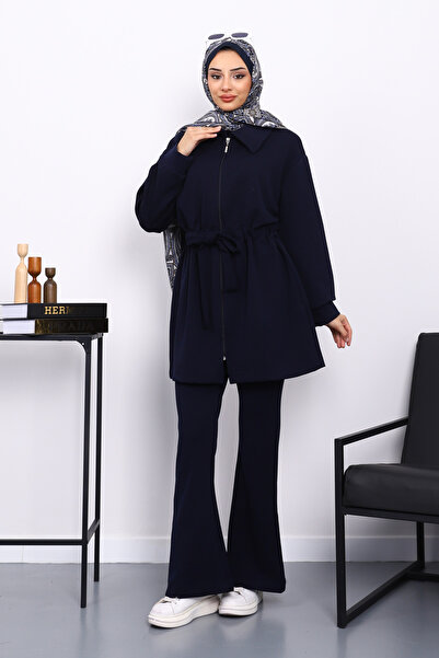 İmajButik Σετ παντελόνι μοντέρνο με δεμένο μέση σε μπλε ναυτικό χρώμα