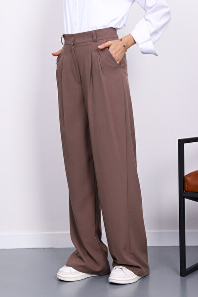 İmajButik Παντελόνι με φαρδύ πόδι Koyuv Vizon Palazzo