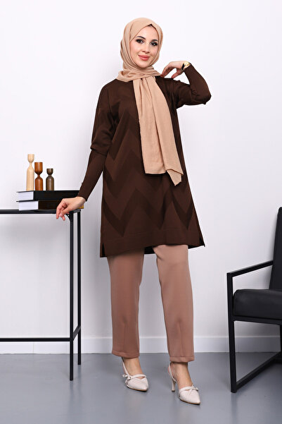 İmajButik Brown Cold Yarn Crew Neck Knitwear Tunic
