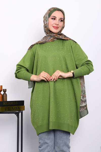 İmajButik Πράσινο τουνίκ με κέντημα με πέτρα με λαιμόκοψη