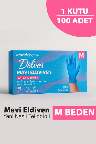 EMORFOHOME Tek Kullanımlık Delvos Pudrasız Mavi M Beden Eldiven 100’lü Medika...