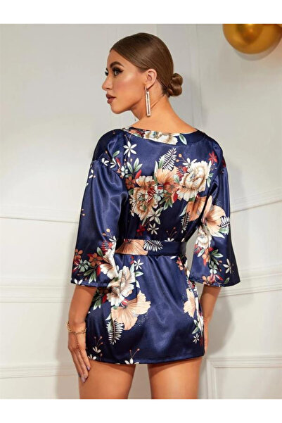 Aria's Closet Arias Closet Floral Patterned Blue Mini Satin Nightgown Dressing Gown