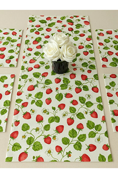 JOLLY HOME مفرش طاولة بنقشة الفراولة مقاس 40×110 سم وطقم تقديم أمريكي (لـ 4 أ...