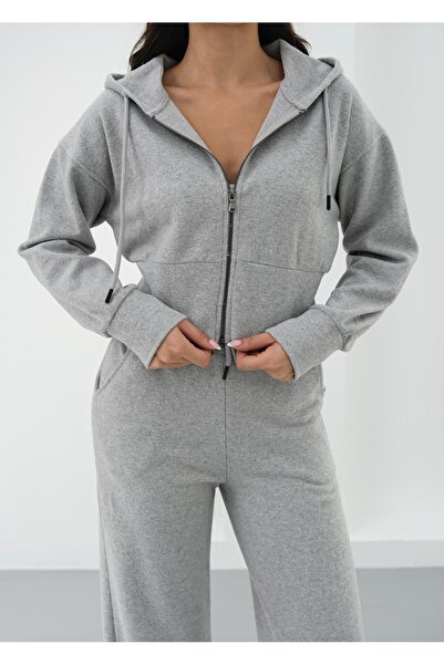 veres Liva Gri Kapüşonlu Hırka ve Eşofman Kalın Alt-Üst Takım