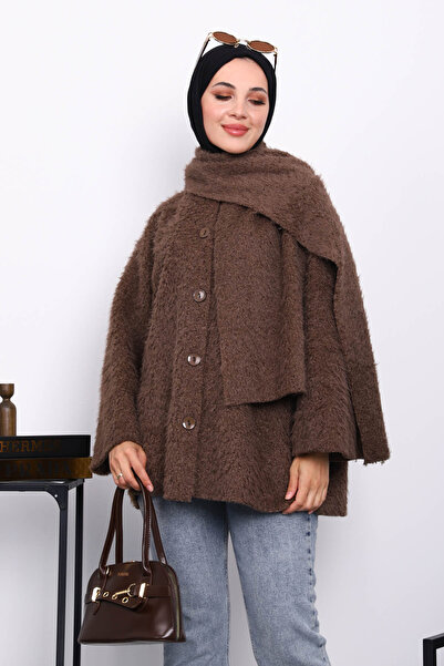 İmajButik Angora Jacket with Brown Scarf Detail and Buttons