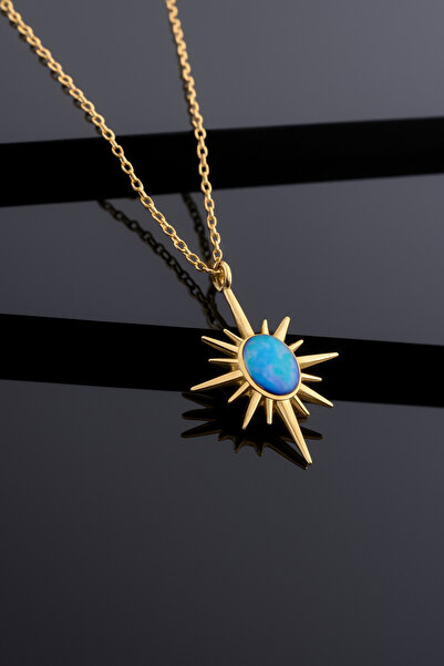 925 Ayar Gümüş Yıldızı Mavi Opal Taşlı Kadın Kolye,Gümüş,Gold,Rose