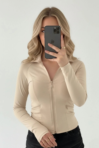 Gofeel Bej Rover Basic Slim Fit Fermuarlı Uzun Kollu Bluz