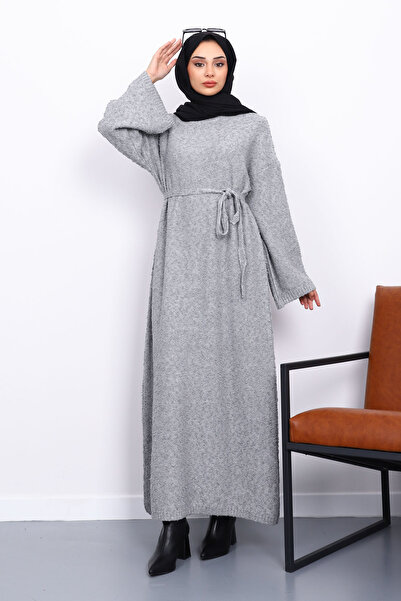 İmajButik Γκρι πλεκτό φόρεμα με λαιμόκοψη