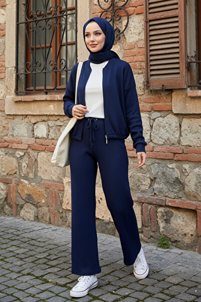 Zeneva Collection أزرق داكن - طقم نسائي علوي وسفلي - سترة بومبر وبنطلون