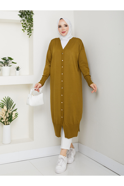 KMKkombin Women's Long Sleeve Buttoned Long Terry Cardigan