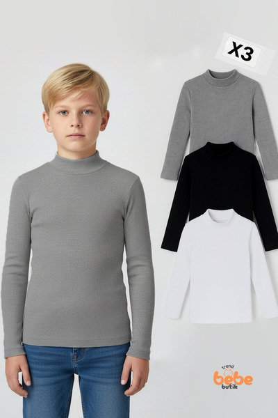 Trend Bebe Butik Erkek Çocuk 3’lü Set Esnek Kaşkorse Fitilli Boğazlı Uzun Kollu Body Pamuklu İçlik & Günlük Basic Üst