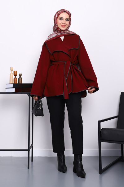 İmajButik Burgundy Leather Piping Shawl Collar Cashmere Jacket