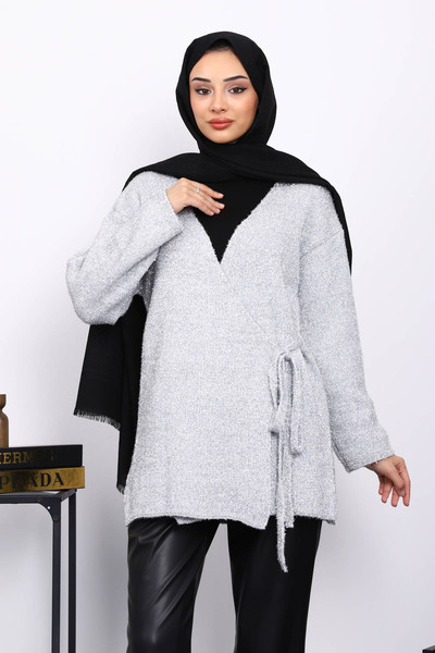 İmajButik Γκρι ζακέτα με λάμψη με ζώνη στη μέση