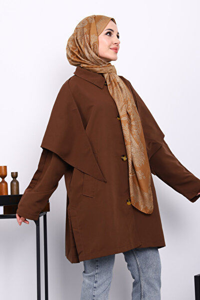 İmajButik Kahverengi Pelerin Detaylı Düğmeli Trençkot