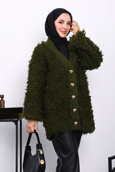 İmajButik Khaki Buttoned Angora Cardigan