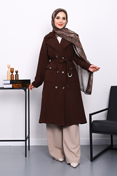 İmajButik Καπιτονέ παλτό με καφέ ζώνη και λεπτομέρεια τσέπης