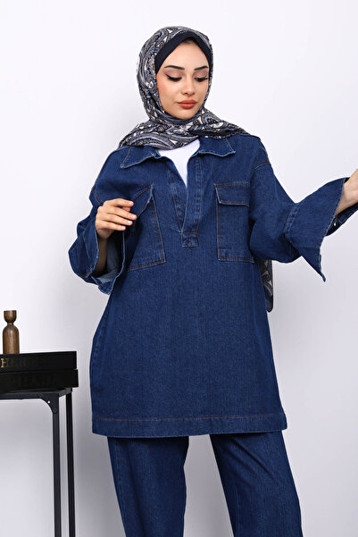 İmajButik Dark Blue Pocket Shirt and Trouser Jeans Set