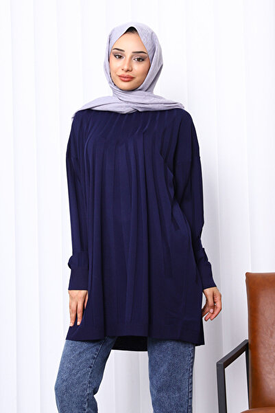 İmajButik Navy Blue Crew Neck Mercerized Knitwear Tunic