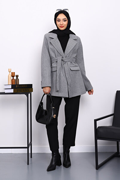 İmajButik Gray Belted Lined Short Cashmere Coat