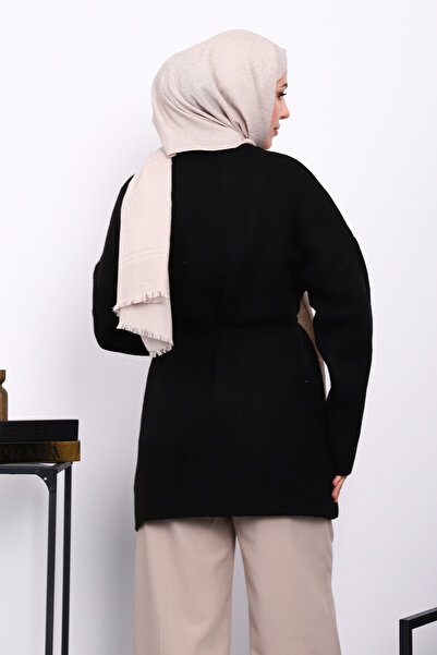 İmajButik Μαύρη πλεκτή ζακέτα με τσέπες με ζώνη στη μέση