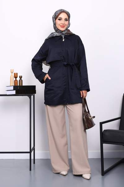 İmajButik Navy Blue Belted Jacket with Pocket Detail