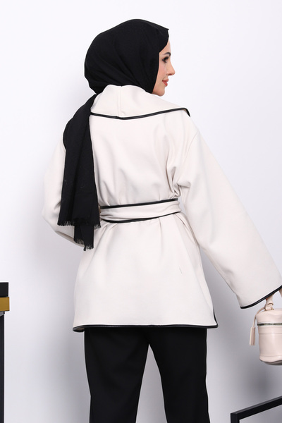 İmajButik Δερμάτινο μπουφάν με κορδόνια από πέτρα με γιακά σάλι