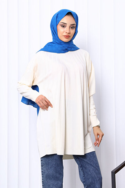 İmajButik Cream Crew Neck Mercerized Knitwear Tunic