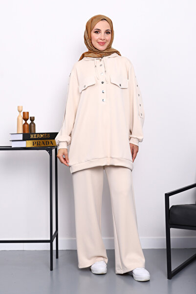 İmajButik Σετ παντελόνι με λεπτομέρεια σε μπεζ χρώμα