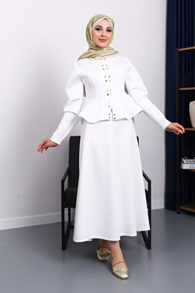 İmajButik Ecru Crop Jacket Skirted Scuba Suit