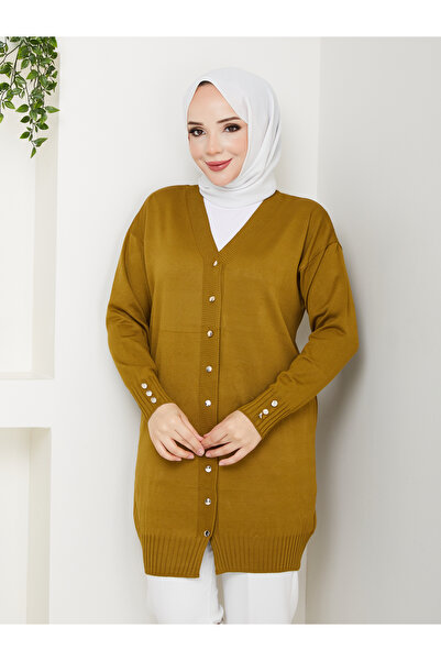 KMKkombin Women's Buttoned Sleeve-Ended Ribbed Knit Cardigan