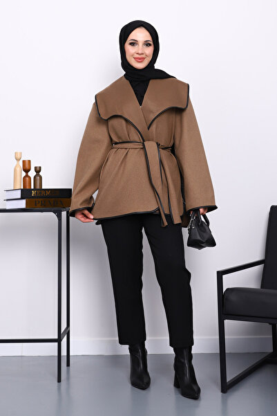 İmajButik Mink Leather Piping Shawl Collar Cashmere Jacket