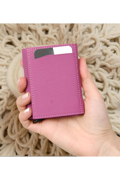 MODA محفظة حامل بطاقات من الجلد الطبيعي باللون الوردي - مزودة بآلية، غطاء مزد...