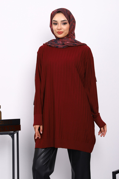 İmajButik Burgundy Mercerized Ribbed Casual Tunic