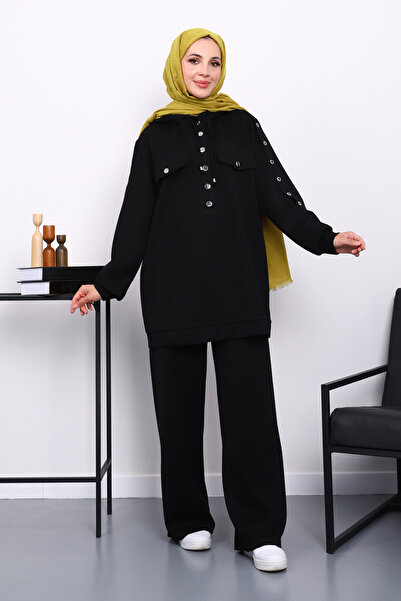 İmajButik Μαύρο Σετ Παντελόνι Τουνίκ με Λεπτομέρεια Κουμπώματος