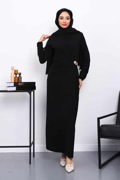 İmajButik Μαύρο φόρεμα κρεπ με ντραπέ αγκράφες στο μπροστινό μέρος