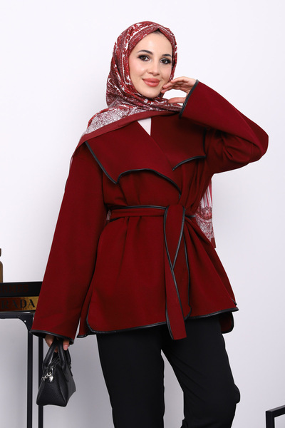 İmajButik Burgundy Leather Piping Shawl Collar Cashmere Jacket