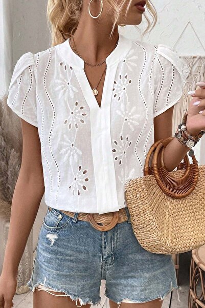 StreetWear Outlet Women's Casual Blouse with Embroidered Cutouts, Neckline Cutout, and Puff Sleeves