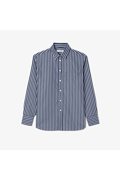 Lacoste Women's Oversize Fit Buttonless Collar Striped Navy Blue Shirt