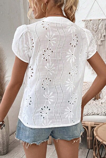 StreetWear Outlet Women's Casual Blouse with Embroidered Cutouts, Neckline Cutout, and Puff Sleeves