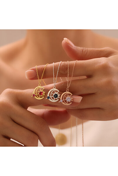 Craftique Ay ve Güneş Motifli Renkli Taşlı Zarif Tasarım Kadın 925 Ayar Gümüş...