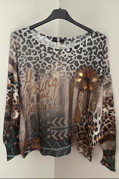 AYASOFYA OTANTIK Γυναικείο πουλόβερ μεσσεριζέ μπλούζα με λεπτομέρεια από φύλλο με λεοπάρ σχέδιο, με χειρόγραφο ιταλικό μπεζ σχέδιο