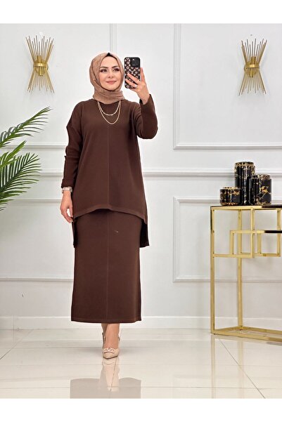 Valens Butik Knitwear Fabric Back Part Long Tunic and Skirt Sadem Hijab Two-Piece Set