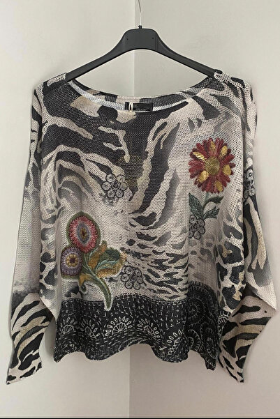 AYASOFYA OTANTIK Γυναικείο πουλόβερ με μπλούζα μερσεριζέ με λεπτομέρεια από φύλλα με ιταλικό μπεζ έθνικ σχέδιο με λουλούδια