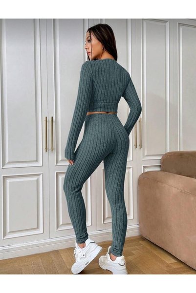 LUVIENNA Women's Petrol Green Ribbed Crop Top & High Waist Leggings Two Piece Set