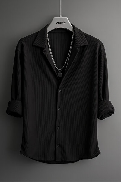 oneoff Erkek Kışlık Siyah Fitilli Ottoman Dokulu Oversize Gömlek