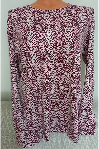 Anne Er Clothing Combed Cotton Blouse Long Sleeve Crew Neck Burgundy Patterned