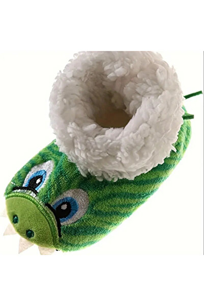 darko Yeşil Dinozorlu Çocuk Panduf Peluş Kışlık Ev Kreş Ayakkabısı Dinozor Dinazor Panduf 26-32 Numara