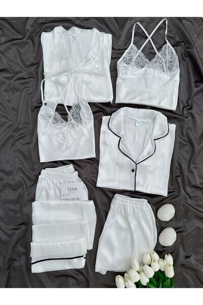 Lena Homewears Kadın Saten Pijama Gecelik Şortlu Sabahlık Lena Çeyiz Seti