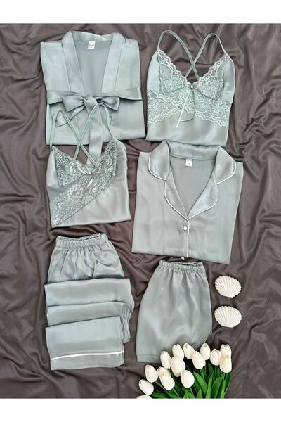 Lena Homewears Kadın Saten Pijama Gecelik Şortlu Sabahlık Lena Çeyiz Seti